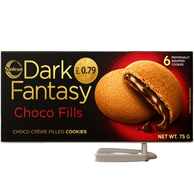 Sunfeast Dark Fantasy Choco Fills cookies packaging box on a white background with a small display stand. The box is black with gold and red lettering and features an image of a chocolate-filled cookie.