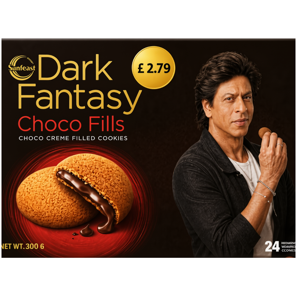 Sunfeast Dark Fantasy Choco Fills cookies packaging, featuring a dark brown background with a golden cookie filled with dark chocolate, a yellow price badge showing £2.79, and a portrait of Shah Rukh Khan holding a cookie on the right side.