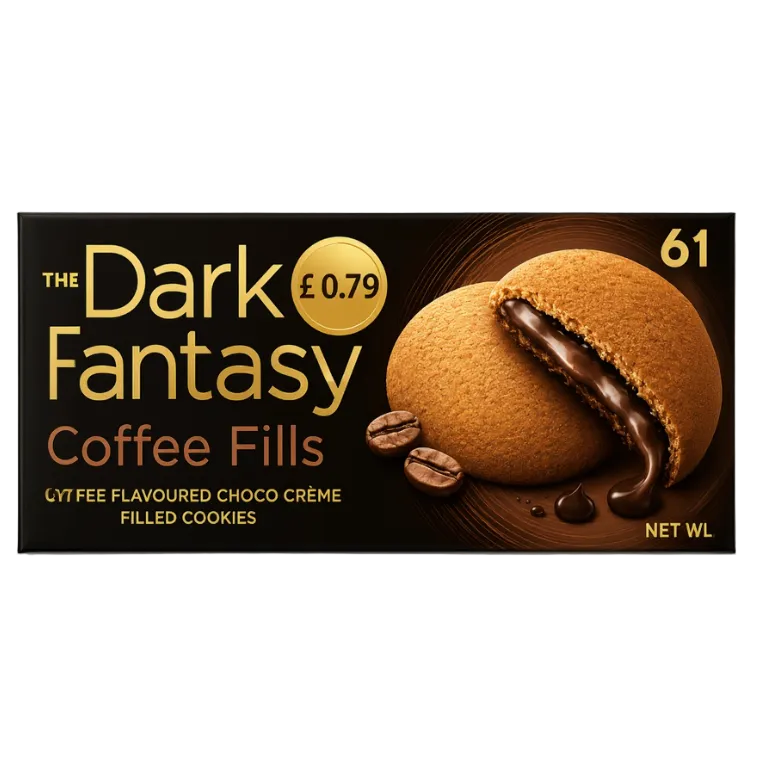 Sunfeast Dark Fantasy Coffee Fills chocolate-coated cookies packaging, featuring a golden cookie with dark chocolate filling on a dark brown background.