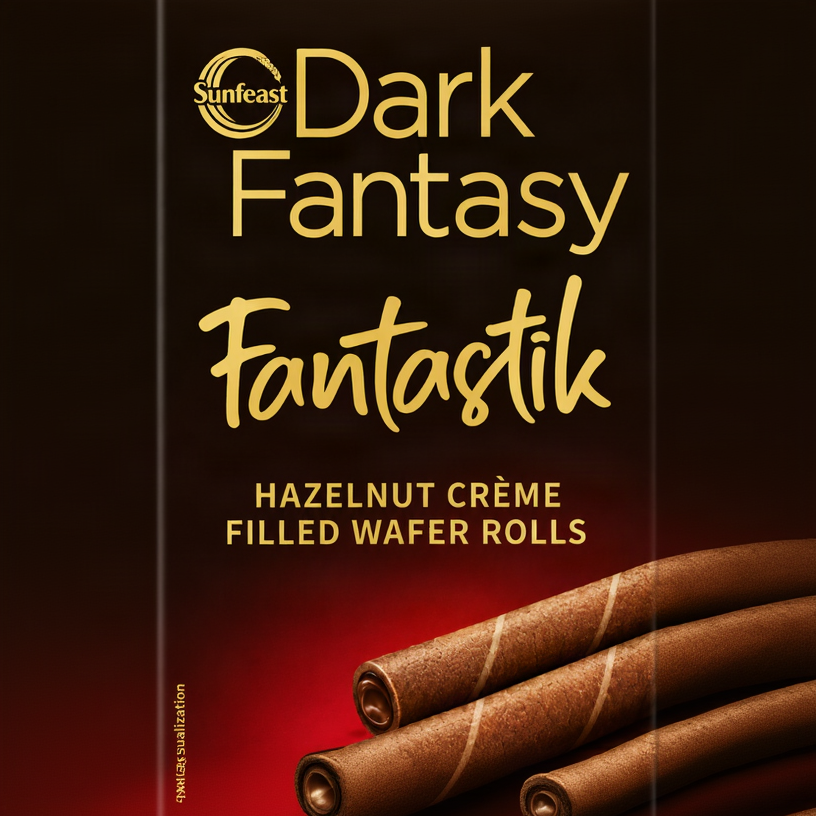 Sunfeast Dark Fantasy Fantastik Hazelnut Crème Filled Wafer Rolls packaging, showing chocolate-covered wafer rolls and hazelnuts on a dark brown and red background.