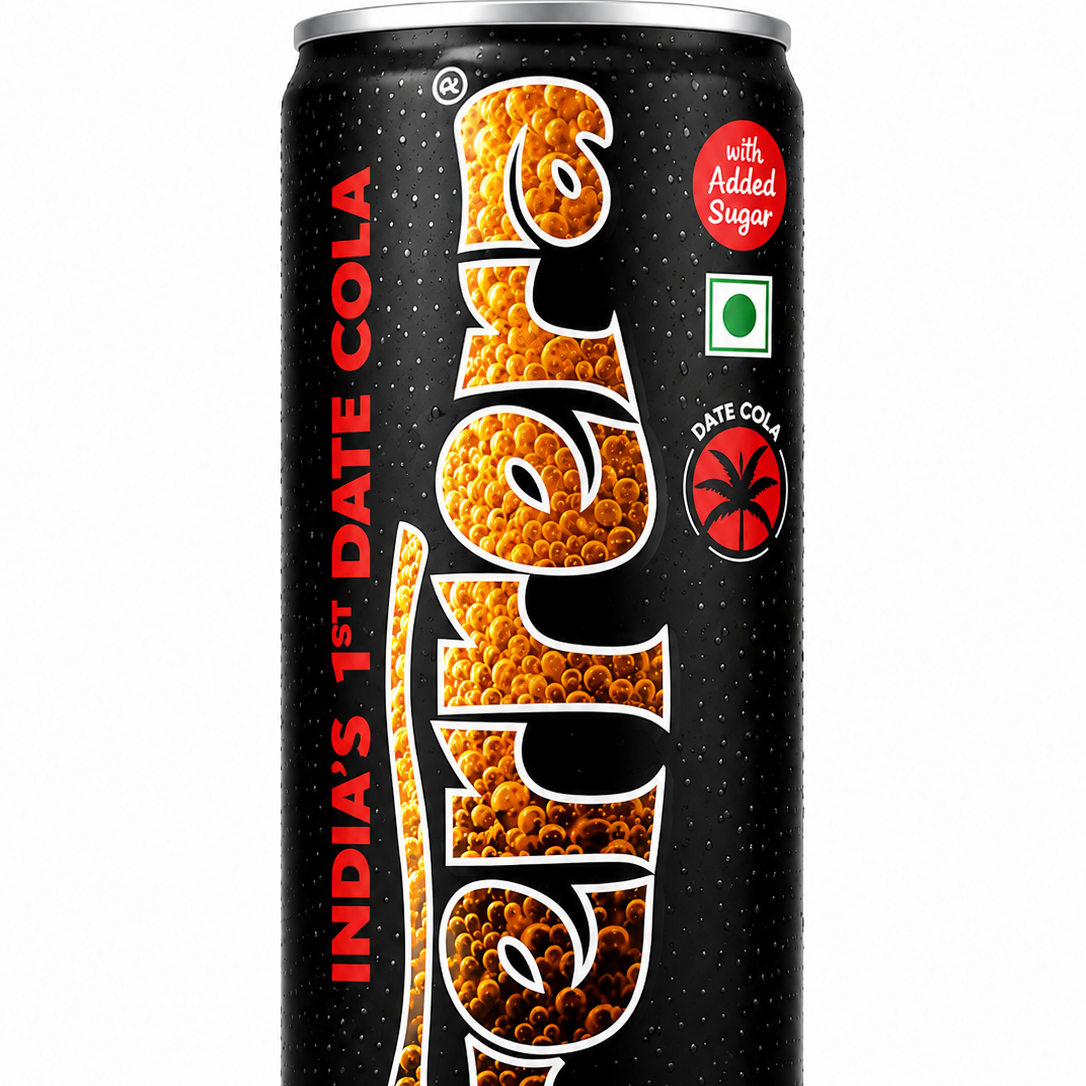 A single can of Feluda India's 1st Date Cola on a plain white background. The can is black with a textured orange-brown cola-bubble design forming the brand name 'Feluda' in large vertical letters.