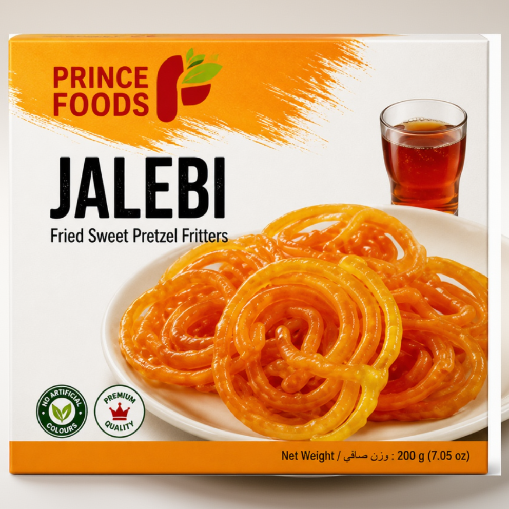 A 200g box of Prince Foods Jalebi (fried sweet pretzel fritters) on a clean white background. The packaging features a white and orange design with a photo of golden-brown Jalebi on a plate and a glass of syrup.