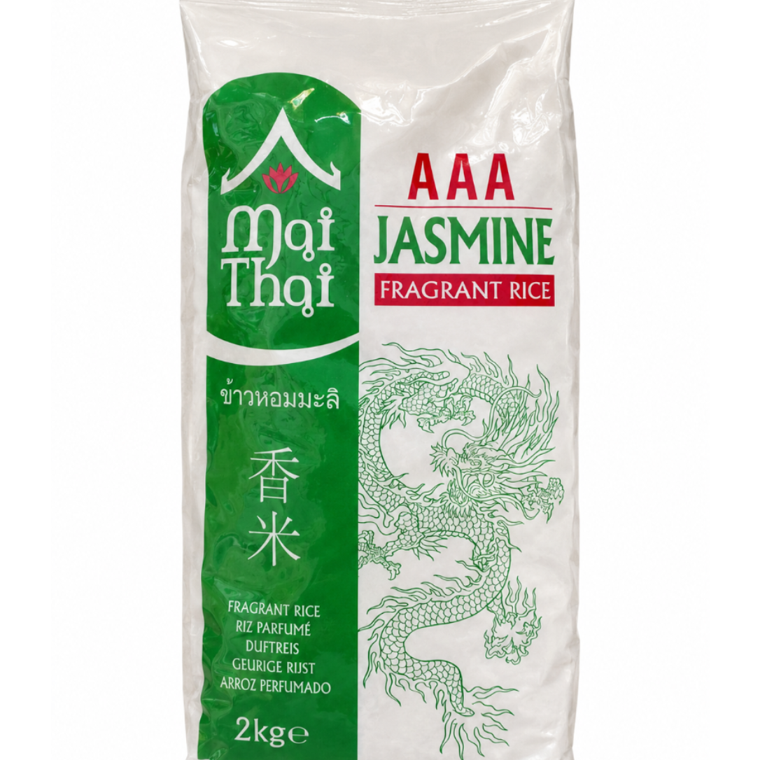 A 2kg bag of Mai Thai AAA Jasmine Fragrant Rice, featuring a white bag with a prominent green vertical panel on the left and a green dragon illustration on the right, with red and green text.