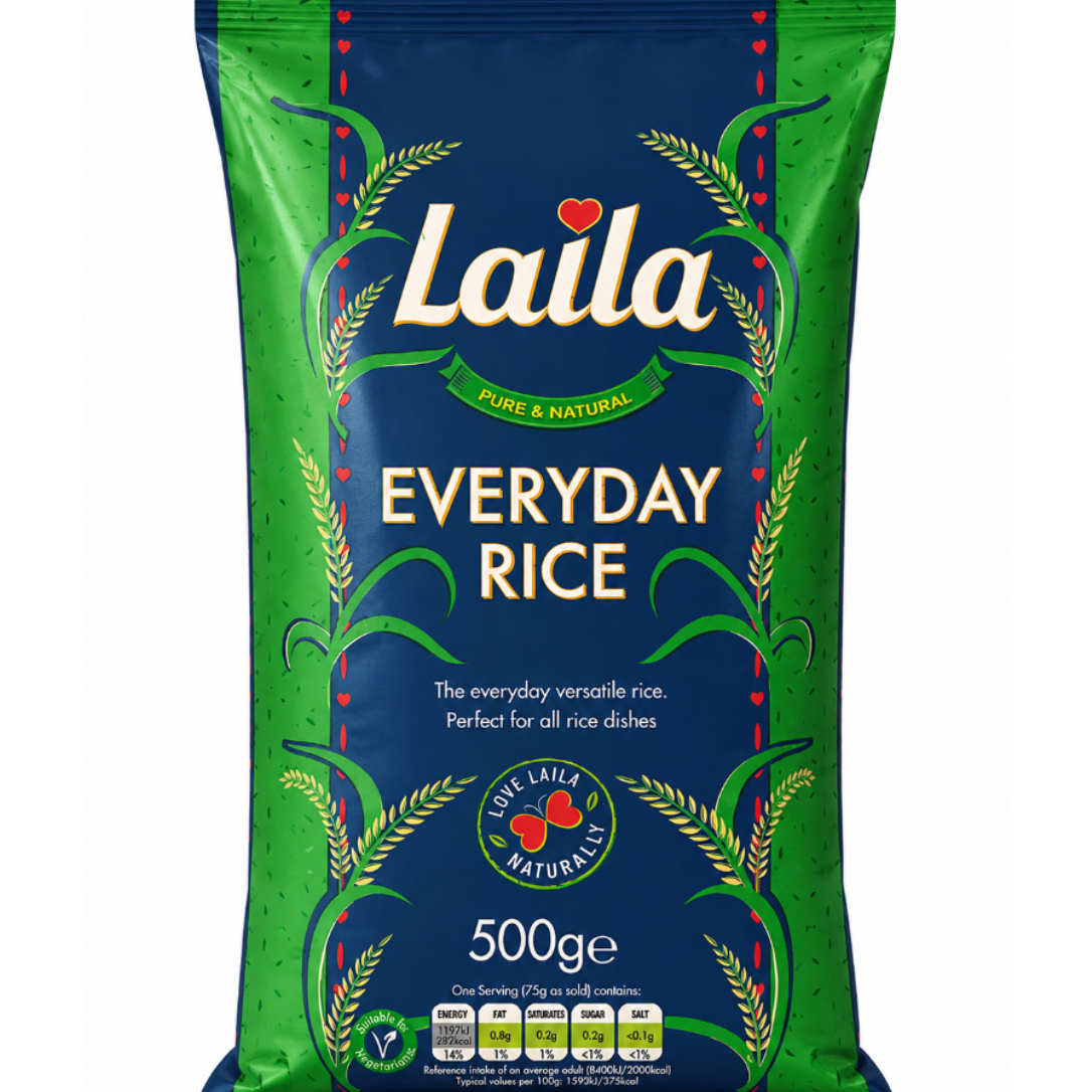 A 500g bag of Laila Everyday Rice, featuring a dark blue center with the brand name 'Laila' in white and a small red heart, framed by bright green borders with wheat illustrations.