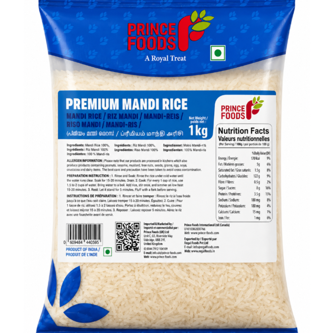 A 1 kg bag of Prince's Foods Premium Mandi Rice, featuring a blue and white packaging design with the brand logo and product details.