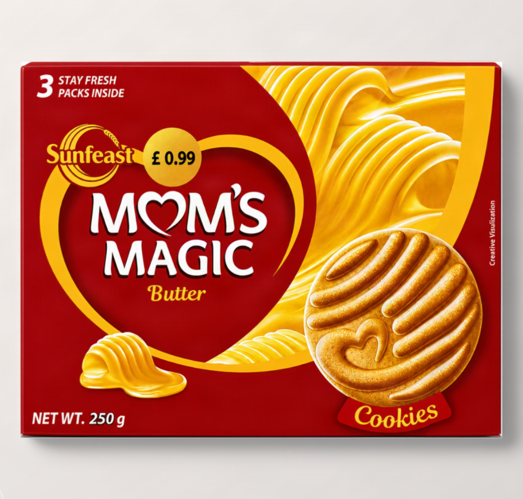 Sunfeast Mom's Magic Butter Cookies in a 250g box. The packaging features a deep red background with a large yellow heart, an illustration of a striped butter cookie, and a dripping butter graphic.