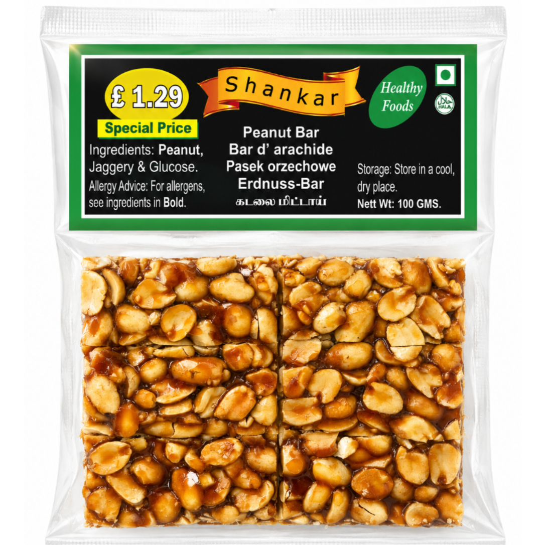 Shankar Peanut Bar in a clear plastic bag with a black and green label, showing the sliced peanut bars coated in caramel inside.
