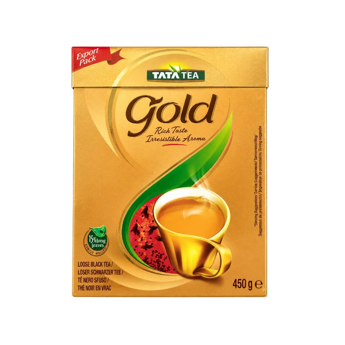 A box of Tata Tea Gold loose black tea, 450g, featuring a golden-brown design with a cup of tea and a green leaf graphic on a white background.