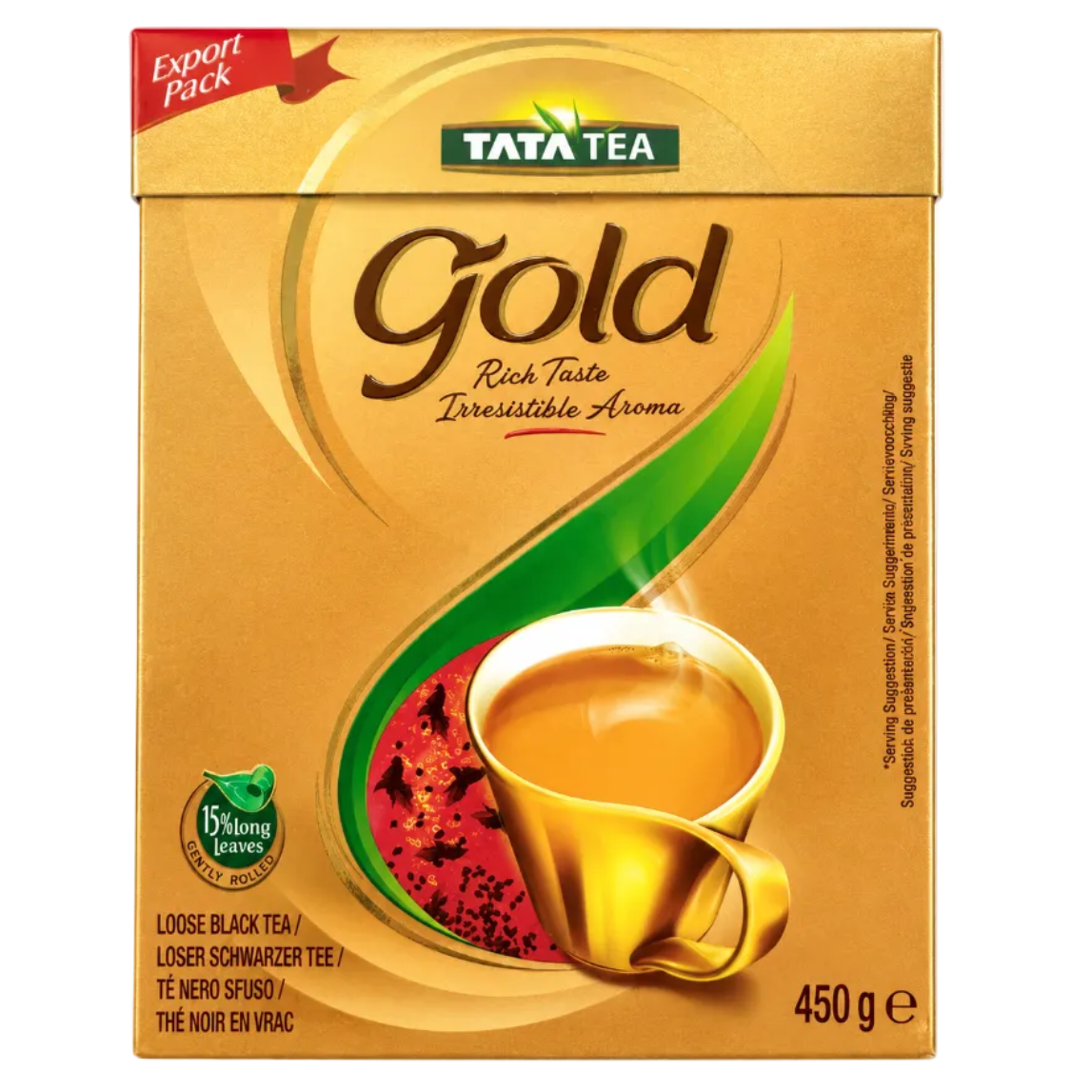 A box of Tata Tea Gold loose black tea, 450g, featuring a golden-brown design with a cup of tea and a green leaf graphic on a white background.