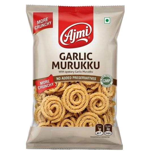 A package of Ajmi Garlic Murukku, featuring spiral-shaped fried snacks visible through a clear window at the bottom of the beige and red bag, set against a light gray background.