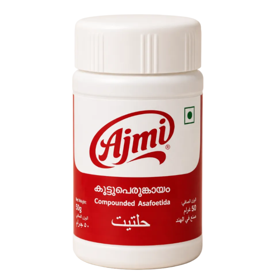 A white plastic bottle of Ajmi Compounded Asafoetida with a red and white label, shown on a solid beige background.
