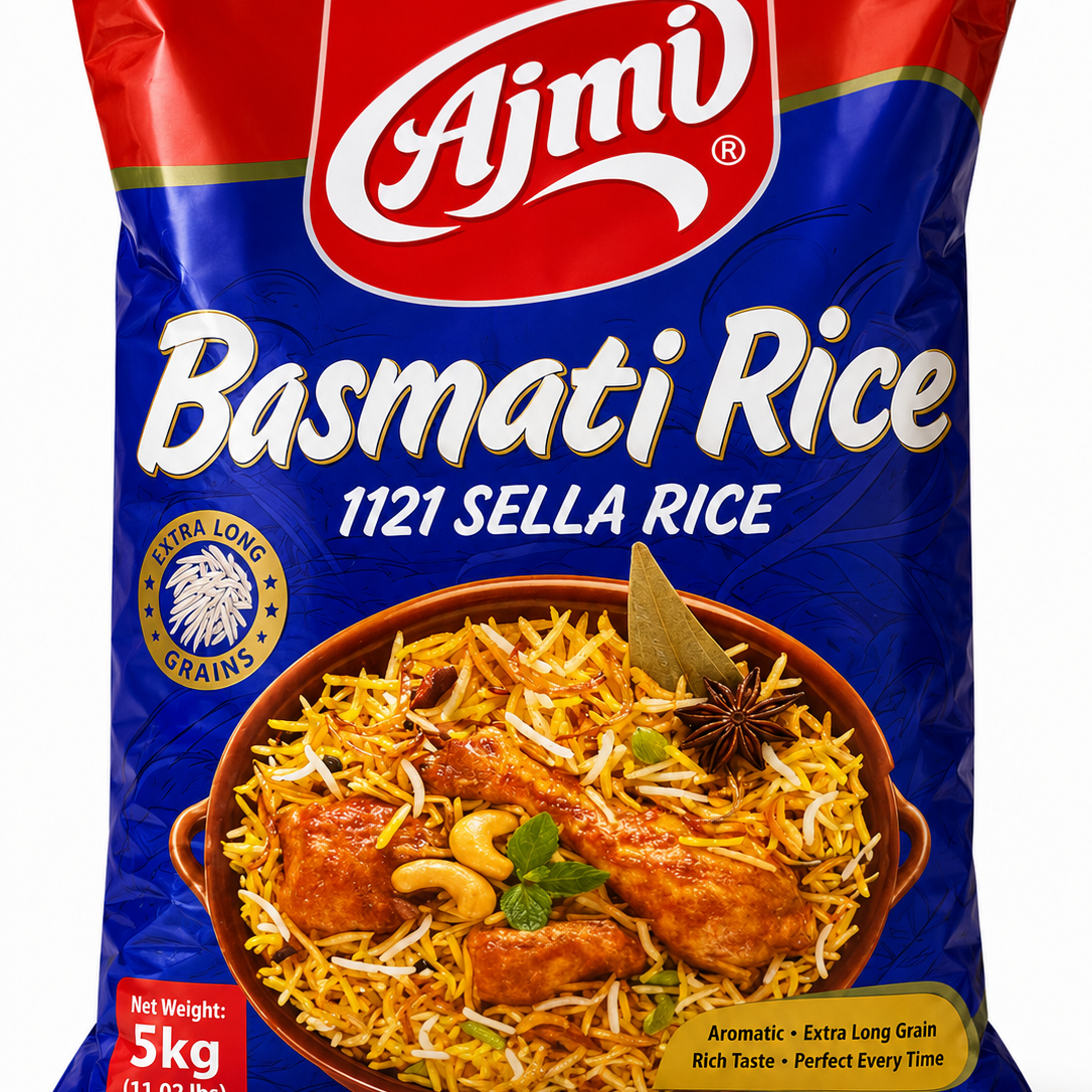 A 5kg bag of Ajmi Basmati Rice (1121 Sella Rice) on a white background. The packaging is primarily blue with a red top section, featuring the white Ajmi logo and a photo of a prepared chicken basmati rice dish.