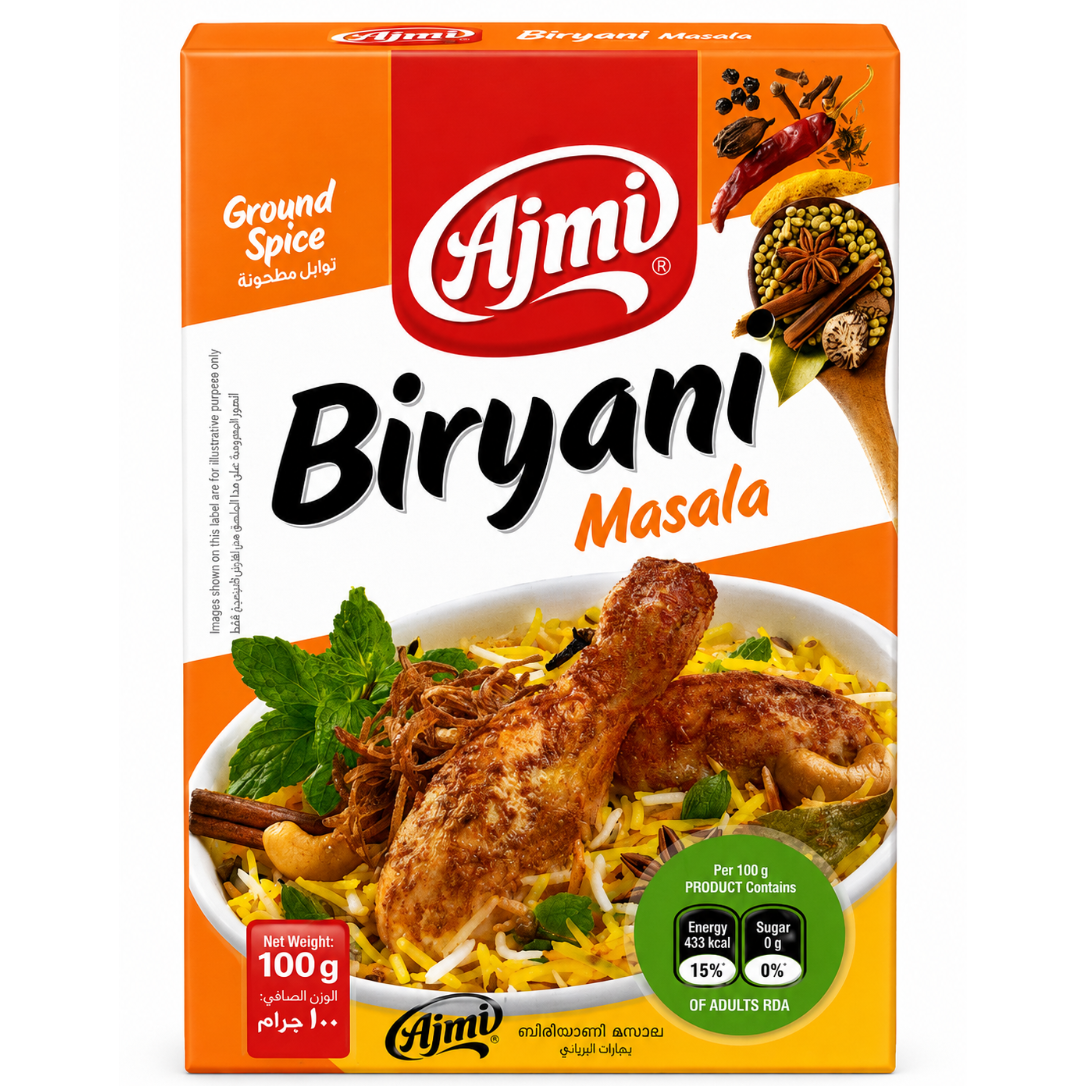 A box of Ajmi Biryani Masala ground spice mix, featuring a vibrant orange and white packaging design with a photo of a prepared biryani dish on the front.