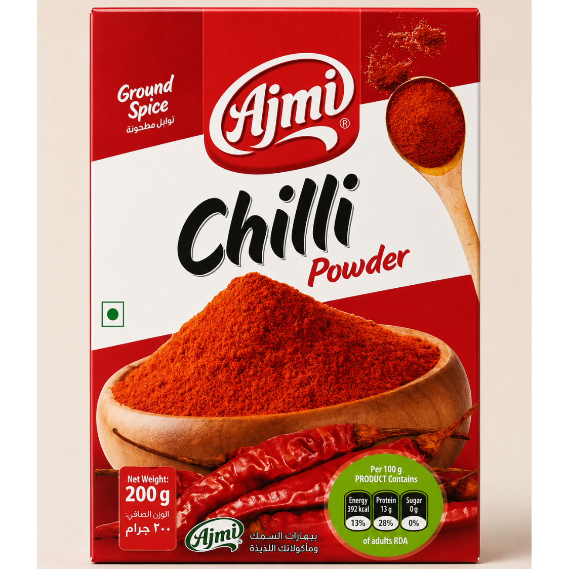 A 200g box of Ajmi Chilli Powder, featuring a red and white packaging design with an illustration of a wooden bowl filled with vibrant red chili powder, whole red chilies, and a wooden spoon of spice on a light beige background.