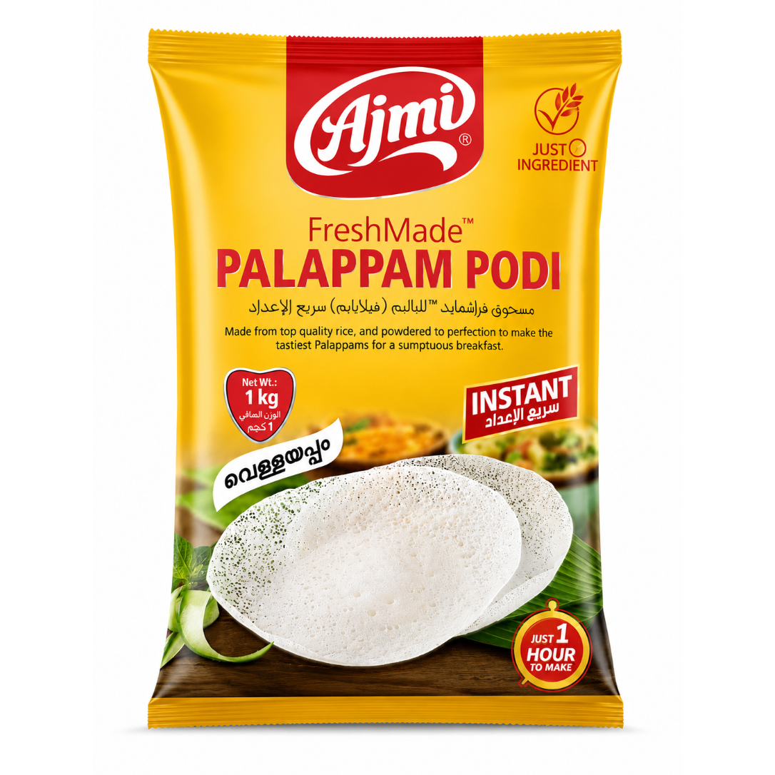 A 1 kg bag of Ajmi FreshMade Palappam Podi instant rice crepe batter, featuring a bright yellow packaging with red and white branding and a photo of the white crepes on the front.
