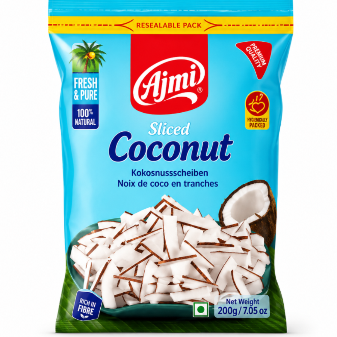 A bag of Ajmi Sliced Coconut, 200g, featuring a bright blue packaging design with a red Ajmi logo, a picture of sliced white coconut, and a green coconut shell on the side.