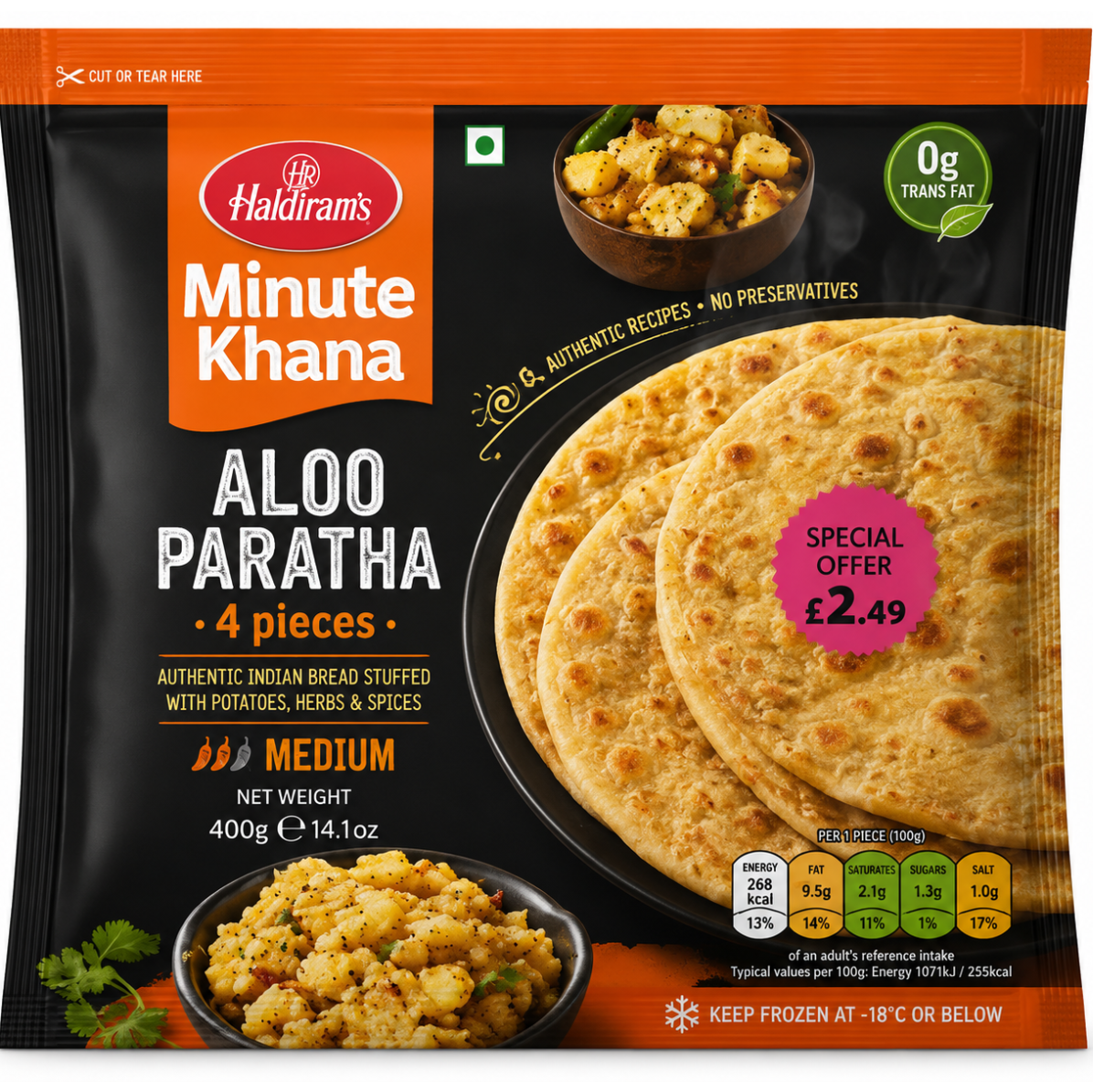 Haldimars Minute Khana Aloo Paratha 4-piece medium size packaging, featuring golden-brown parathas on the front, with orange and black branding and nutritional information at the bottom.