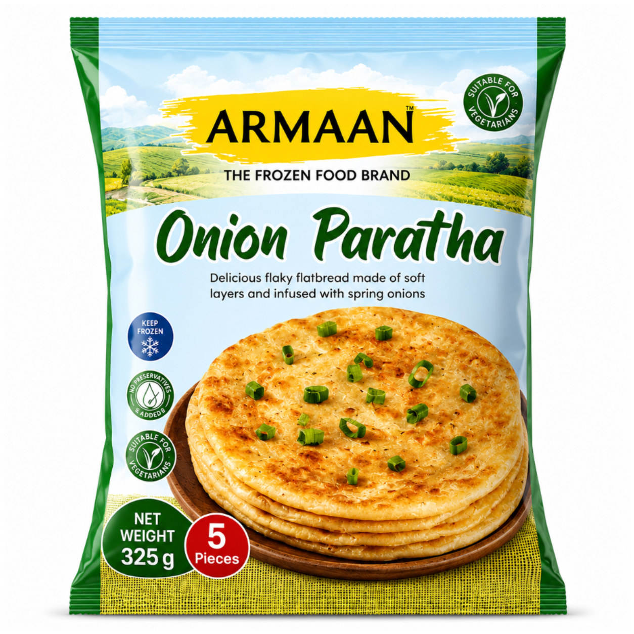 A package of Armaan Onion Paratha frozen food, featuring a stack of golden-brown parathas with green onions on the front, set against a clean white background.