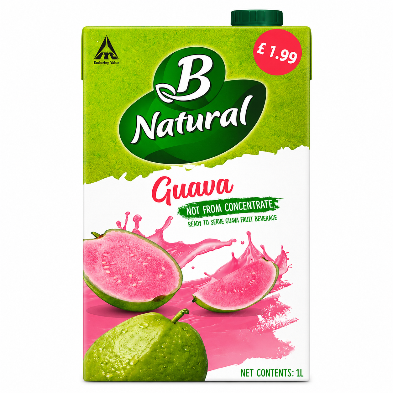A 1L carton of B Natural Guava fruit beverage on a plain white background. The packaging features a bright green top section with the B Natural logo, a white lower section, and illustrations of pink guava slices and green whole guavas with a pink splash.