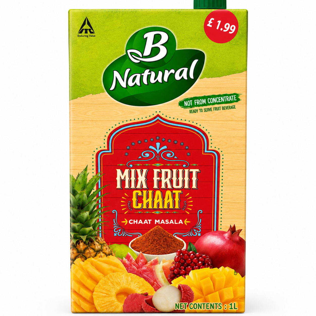 A 1L carton of B Natural Mix Fruit Chaat Masala, featuring a green and beige design with illustrations of fruits like pineapple, mango, and pomegranate, and a red price sticker showing £1.99.