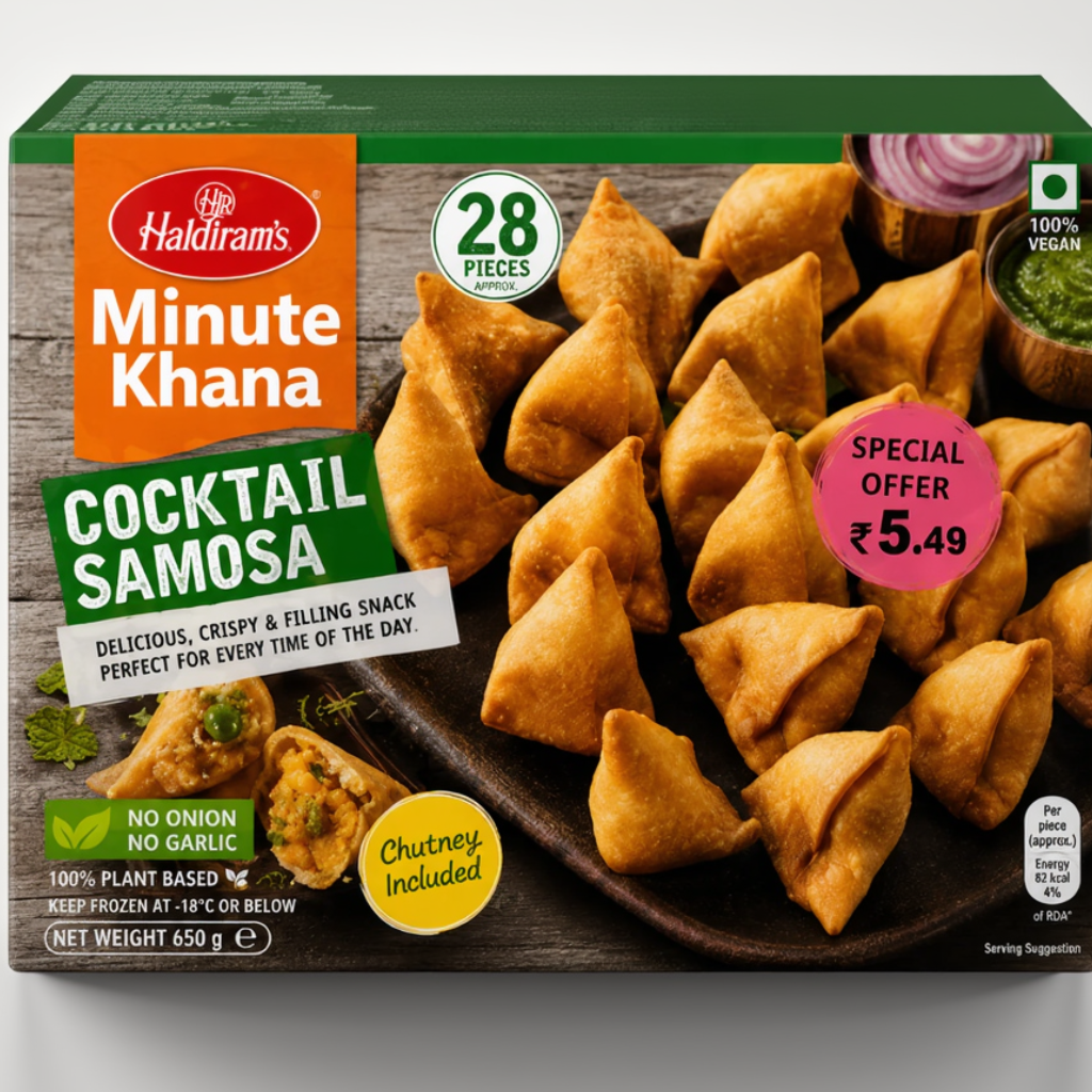 Haldimir's Minute Khana Cocktail Samosa packaging, featuring golden-brown fried samosas on a dark plate, with product branding, '28 pieces', and a 'Special Offer' price badge on a rustic wood background.