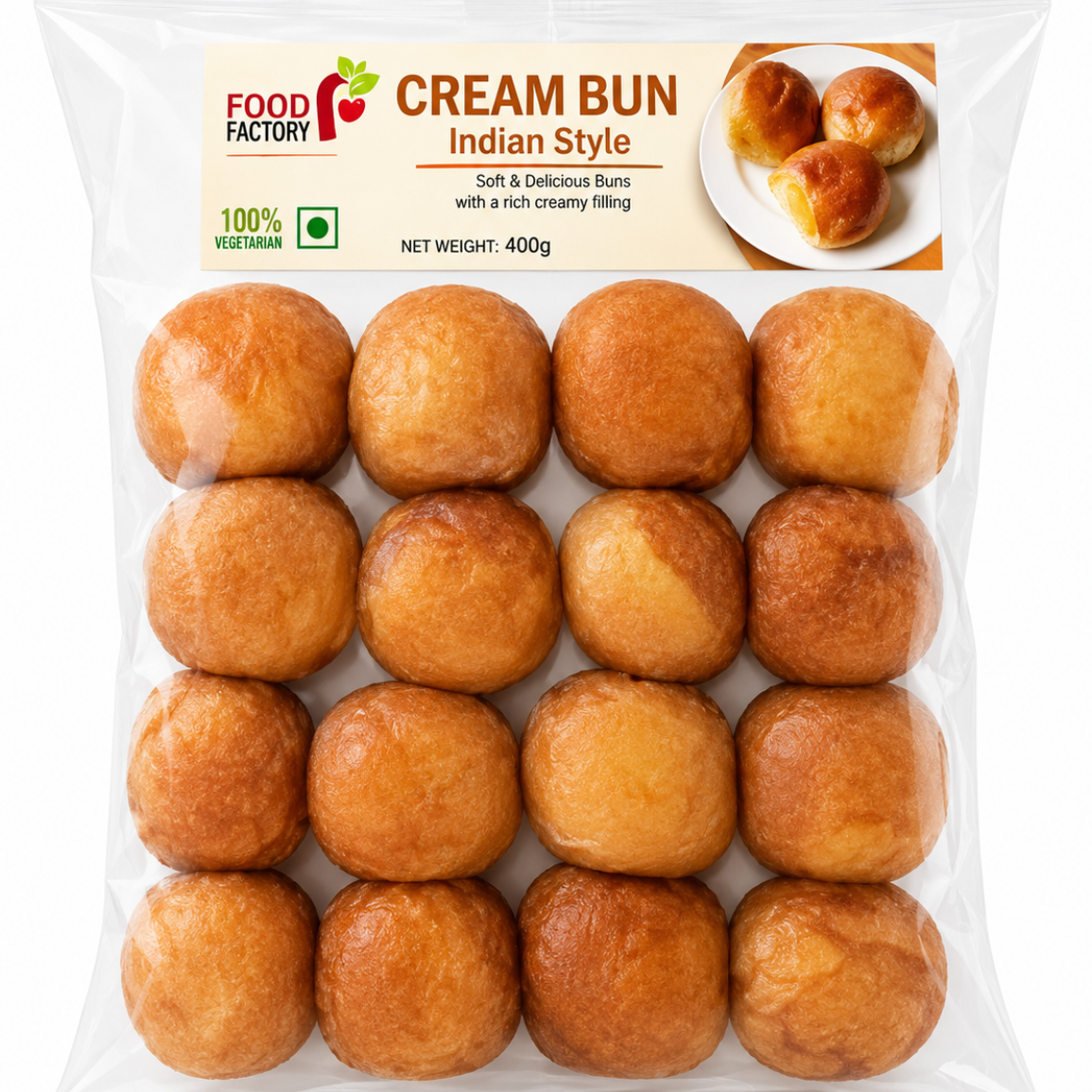A 400g package of Food Factory Cream Bun Indian Style, containing 15 golden-brown baked buns in a clear plastic bag with a white and orange label.