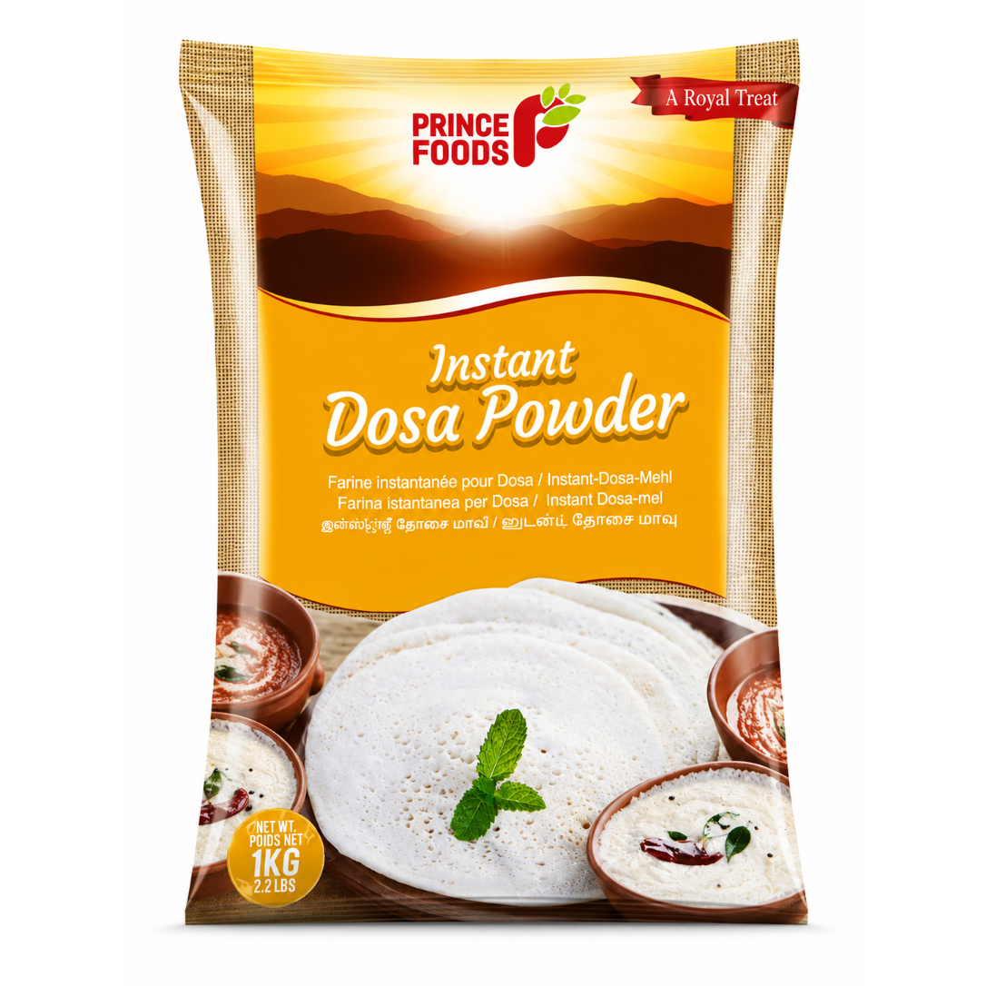 A 1kg bag of Prince Foods Instant Dosa Powder, featuring a golden-yellow and brown packaging design with a depiction of dosa and chutney.
