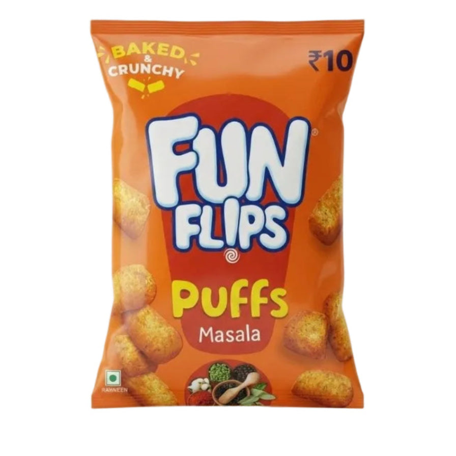 A bag of Fun Flips Puffs Masala baked crunchy snack, shown on a plain white background.