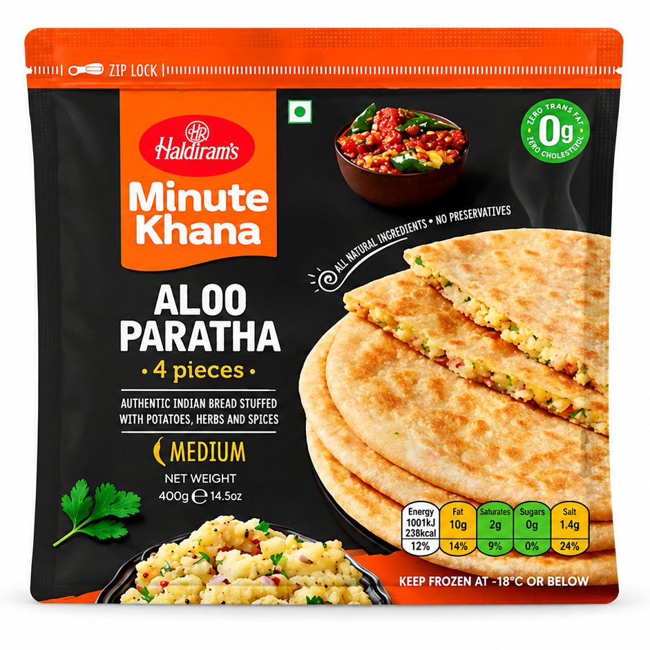 A package of Haddram's Minute Khana Aloo Paratha, featuring a black and orange bag with a photo of golden-brown parathas and aloo paratha mix on the front, set against a plain white background.