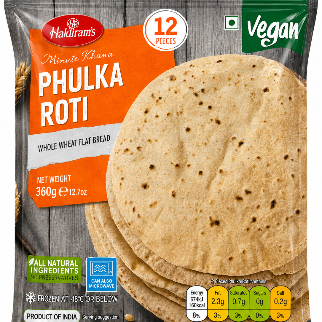A package of Haklir's Minute Khana Phulka Roti, whole wheat flat bread, containing 12 pieces. The packaging features a rustic gray wood-grain background with a large photo of two stacked golden-brown phulkas, orange and green branding blocks, and nutritional information at the bottom.
