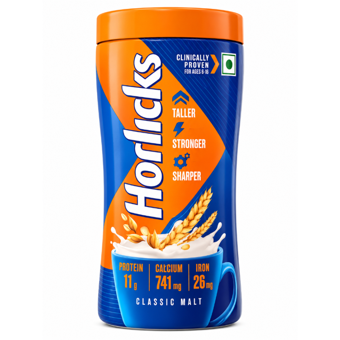 A container of Horlicks Classic Malt cereal powder on a white background. The packaging features a bright blue and orange design with the Horlicks logo in large white letters.