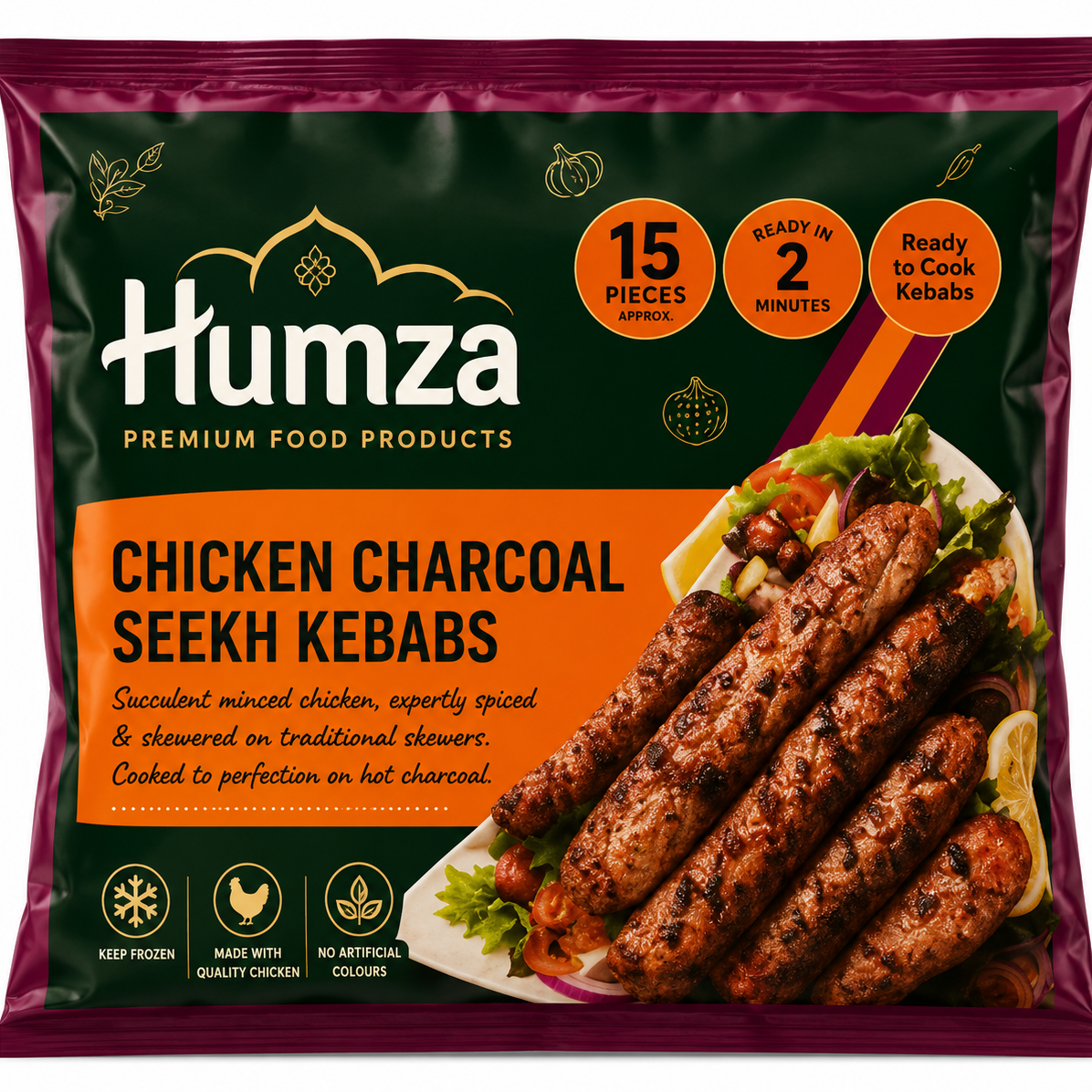 A package of Humza Chicken Charcoal Seekh Kebabbs, featuring a dark green and orange label with a photo of cooked kebabs on the front, set against a plain white background.