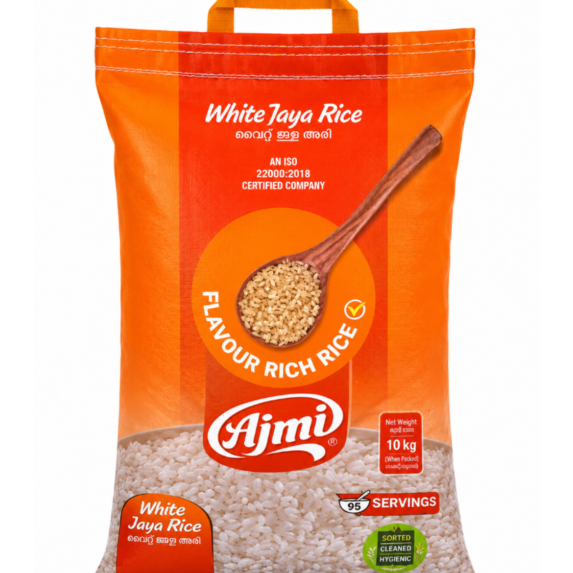A 10 kg bag of Ajmi White Jaya Rice on a plain white background. The packaging is predominantly bright orange with a clear window at the bottom showing the white rice grains inside, and a wooden spoon graphic filled with rice grains in the center.