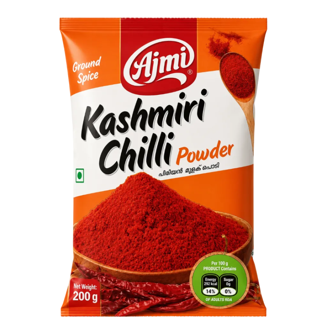 A 200g package of Ajmi Kashmiri Chilli Powder. The packaging features a bright orange and white design with a prominent image of vibrant red chili powder in a wooden bowl, whole red chilies at the bottom, and a green circular product information badge in the lower right corner.