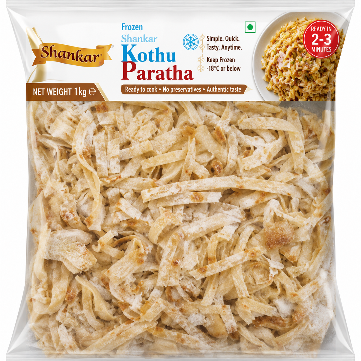 Shankar Frozen Kothu Paratha in a 1 kg clear plastic bag, showing the shredded cooked flatbread inside. The packaging features the Shankar brand logo and product details.