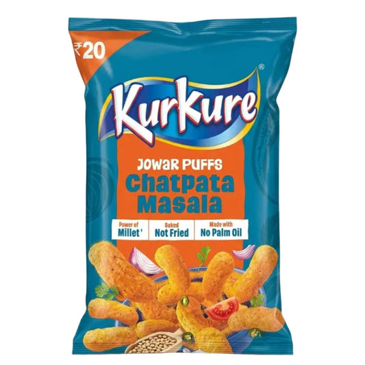 A bag of Kurkure Jowar Puffs Chatpata Masala snack chips on a light cream background. The packaging is primarily blue with a large orange label, featuring the white and blue Kurkure logo, product details, and an illustration of golden-brown fried puffs at the bottom.