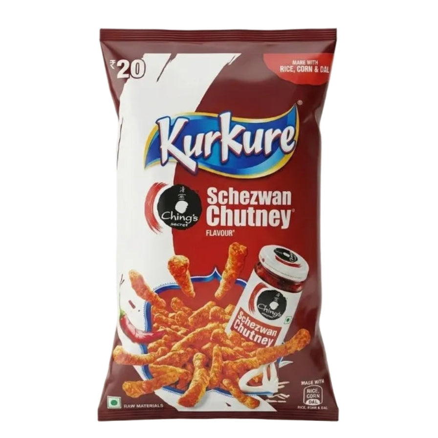 A bag of Ching's Kurkure Schezwan Chutney snack, featuring a dark red and white packaging design with illustrations of the crispy fried snacks and a can of chutney.