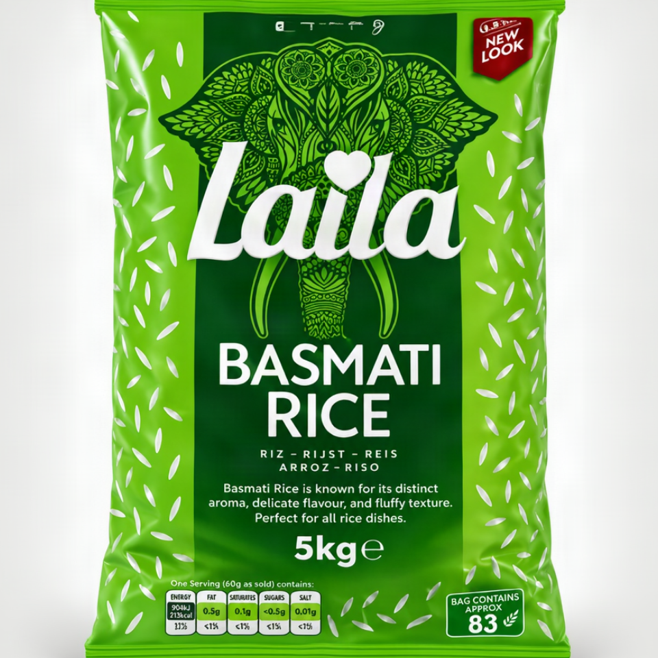 A 5kg bag of Laila Basmati Rice, featuring a bright green packaging design with a large green elephant graphic and white text.