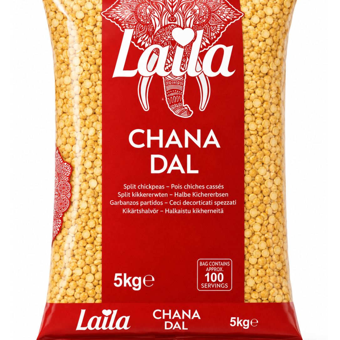 A 5kg bag of Laila Chana Dal split chickpeas, featuring a red packaging design with an elephant logo and yellow chickpea grains visible through clear side panels.