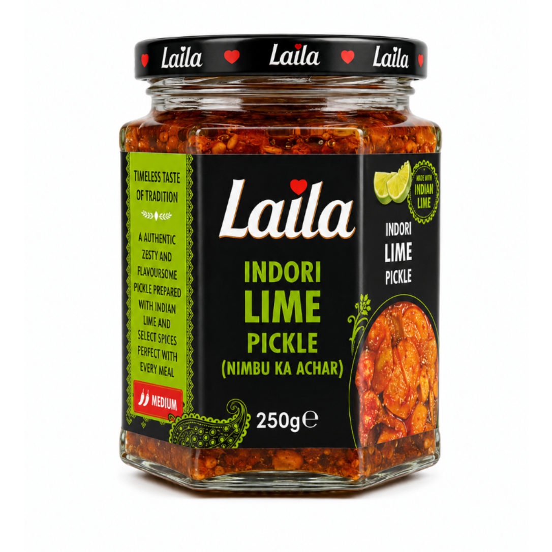 A jar of Laila Indori Lime Pickle (Nimbu Ka Achar) on a white background. The product is in a clear glass jar showing the reddish-orange pickle contents, with a black lid and a black label featuring green and white text.