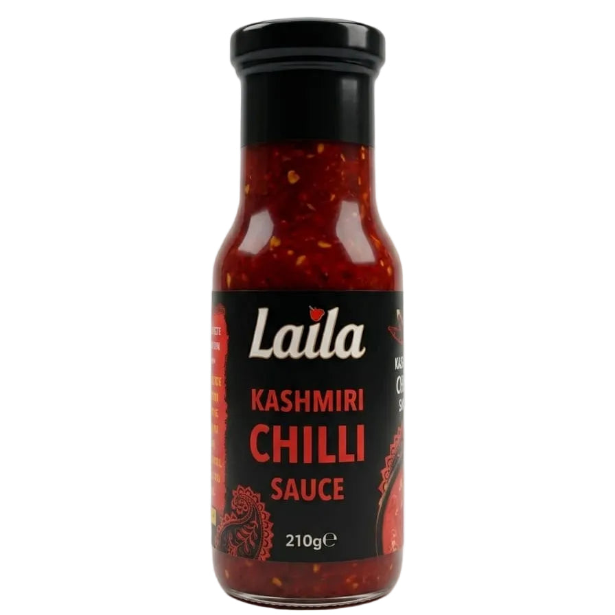A bottle of Laila Kashmiri Chilli Sauce on a light gray background.