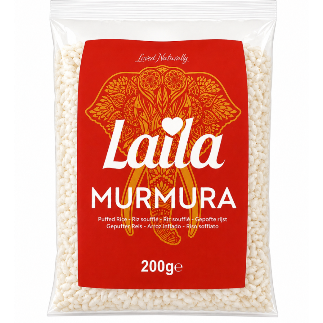 A 200g bag of Laila Murmura puffed rice, featuring a clear plastic bag filled with white rice grains and a prominent red label with a gold elephant design and white text.