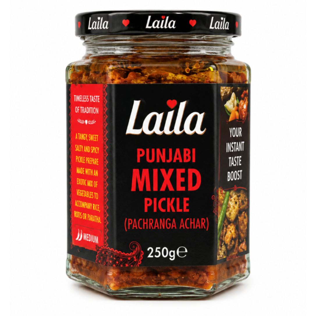 A glass jar of Laila Punjabi Mixed Pickle (Pachrang Achar) on a white background. The jar contains reddish-brown pickled vegetables and has a black label with red and white text.