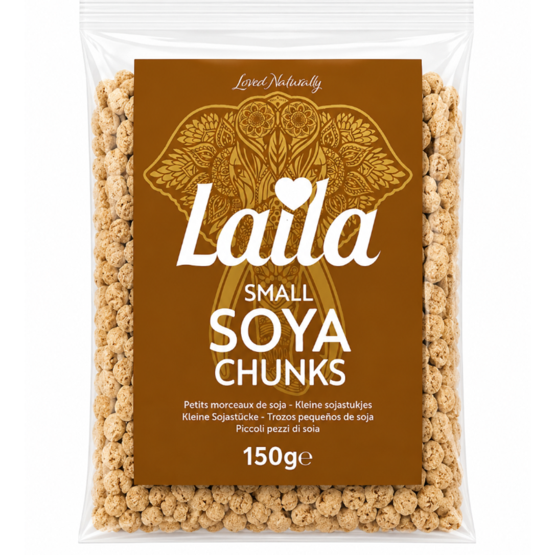 A 150g bag of Laila Small Soya Chunks, featuring a clear plastic pouch with visible beige textured chunks inside and a large brown label with white text and an elephant graphic.