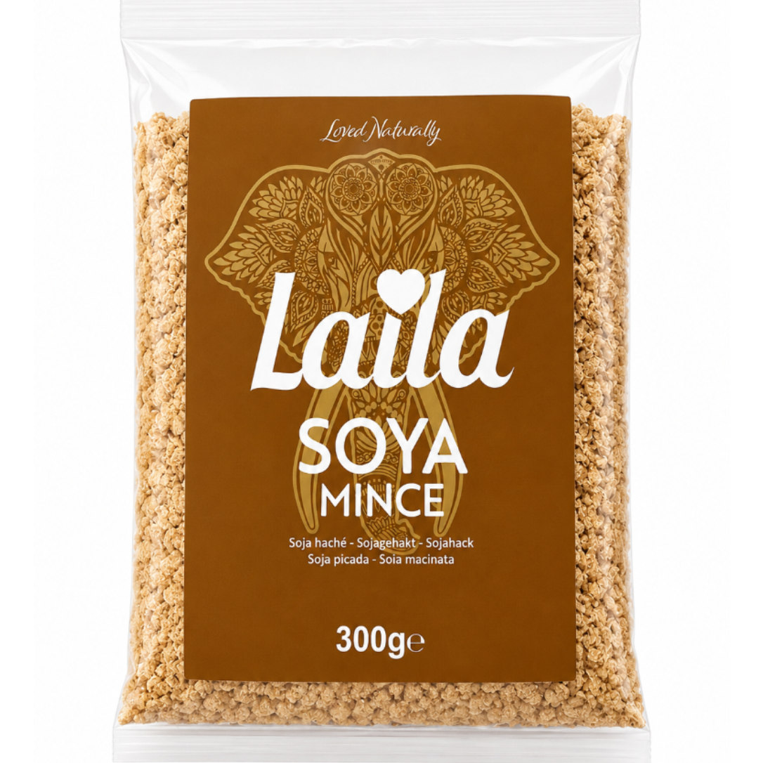 A 300g bag of Laila Soya Mince, featuring a clear plastic pouch with a large brown label and white text, set against a plain white background.