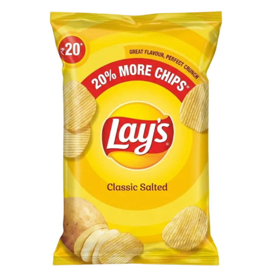 A bag of Lay's Classic Salted potato chips on a light beige background. The packaging is bright yellow with red and white branding, showing illustrations of potato chips and a sliced potato.