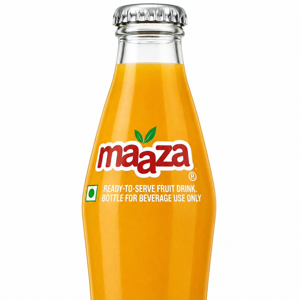 A glass bottle of Maaza ready-to-serve fruit drink filled with bright orange juice, featuring the red and green Maaza logo on the front, set against a plain white background.