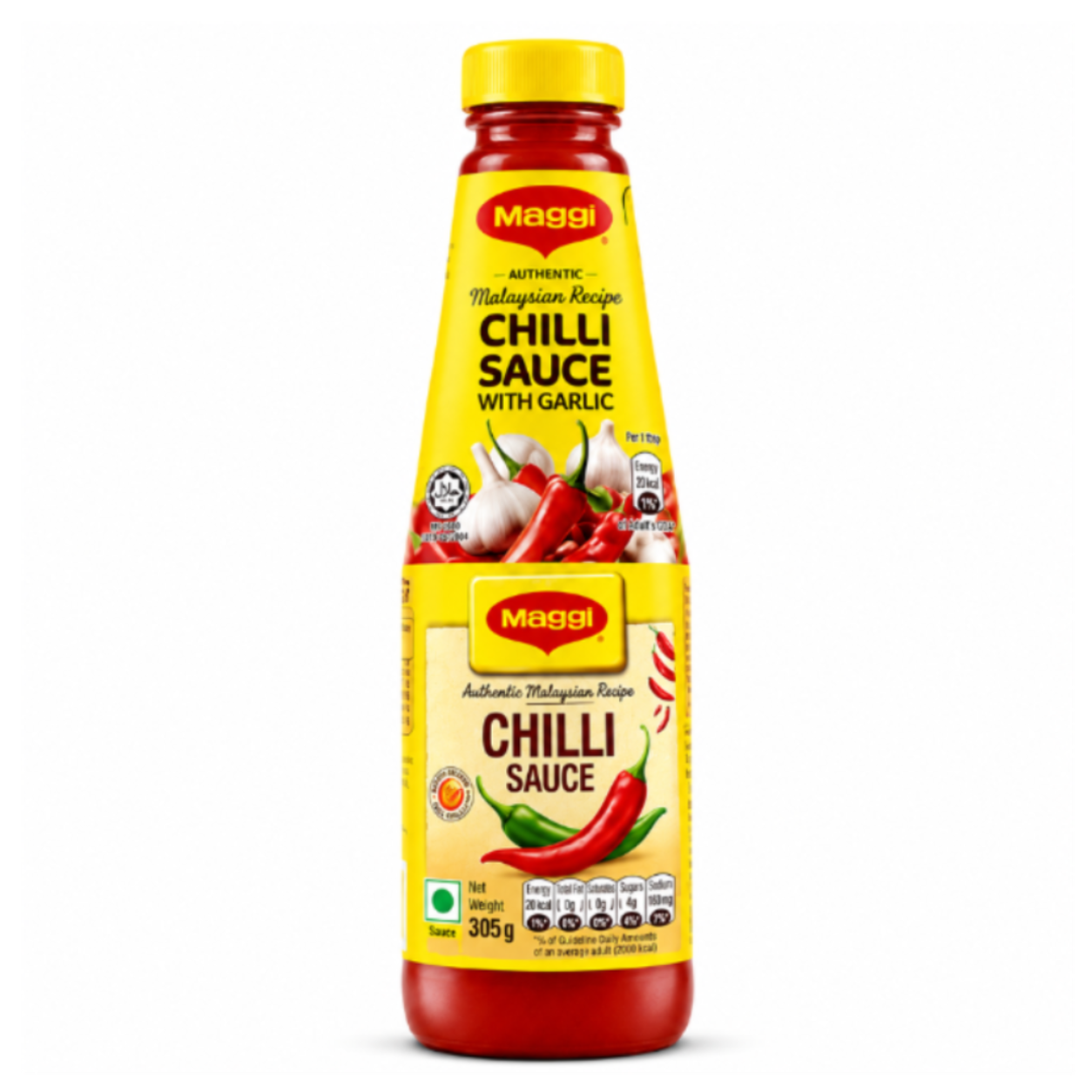 A bottle of Maggi Chilli Sauce with Garlic, featuring a bright yellow label and cap, with red sauce visible at the bottom, set against a plain white background.
