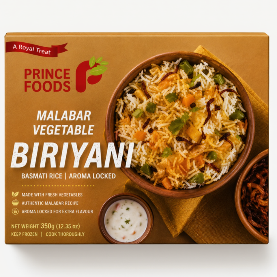 Prince Foods Malabar Vegetable Biriyani basmati rice package, featuring a golden-brown box with a photo of the prepared biriyani in a bowl and a small bowl of chutney in front.