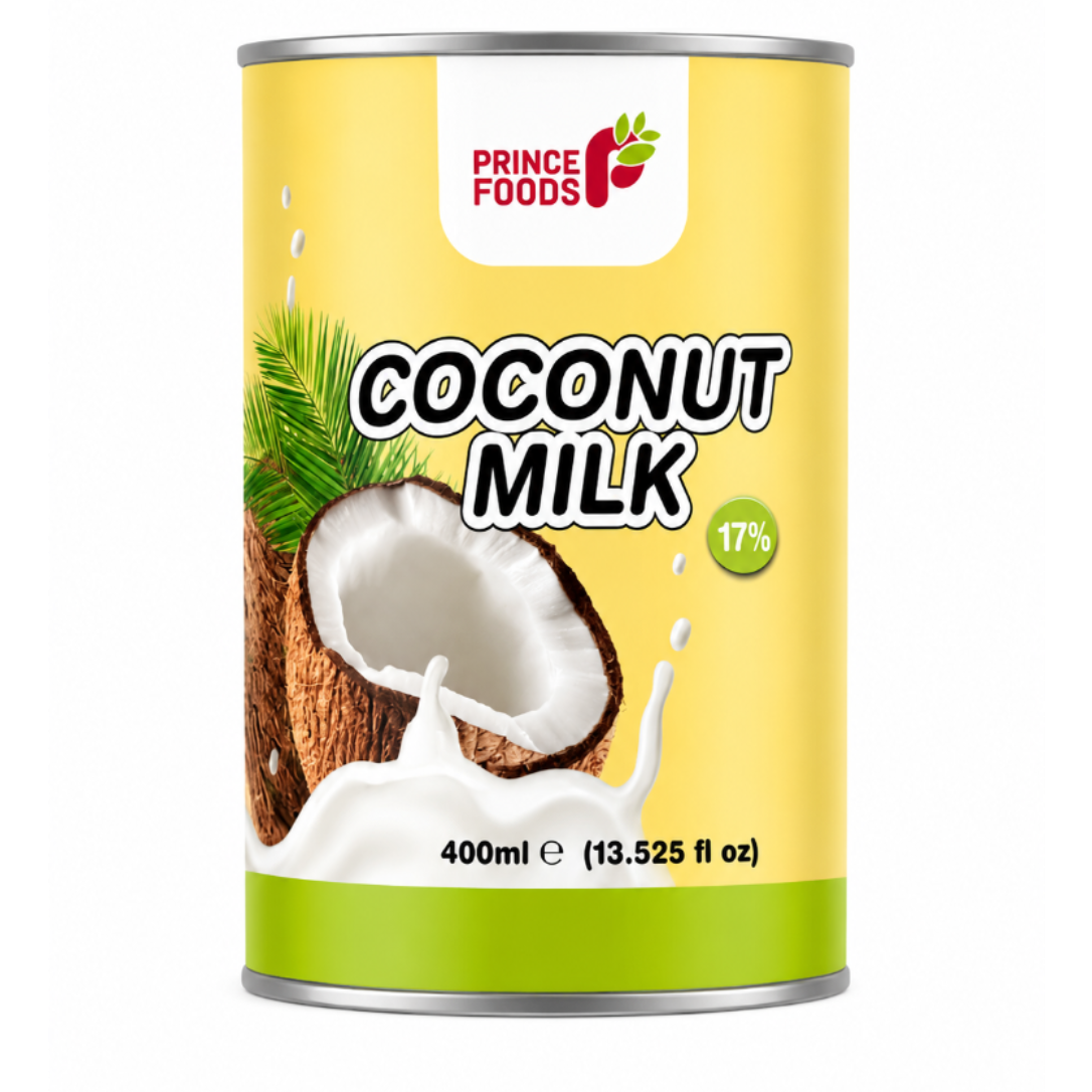 A 400ml can of Prince Foods Coconut Milk, 17% fat, featuring a bright yellow label with a green bottom band, a coconut graphic, and a white splash design.